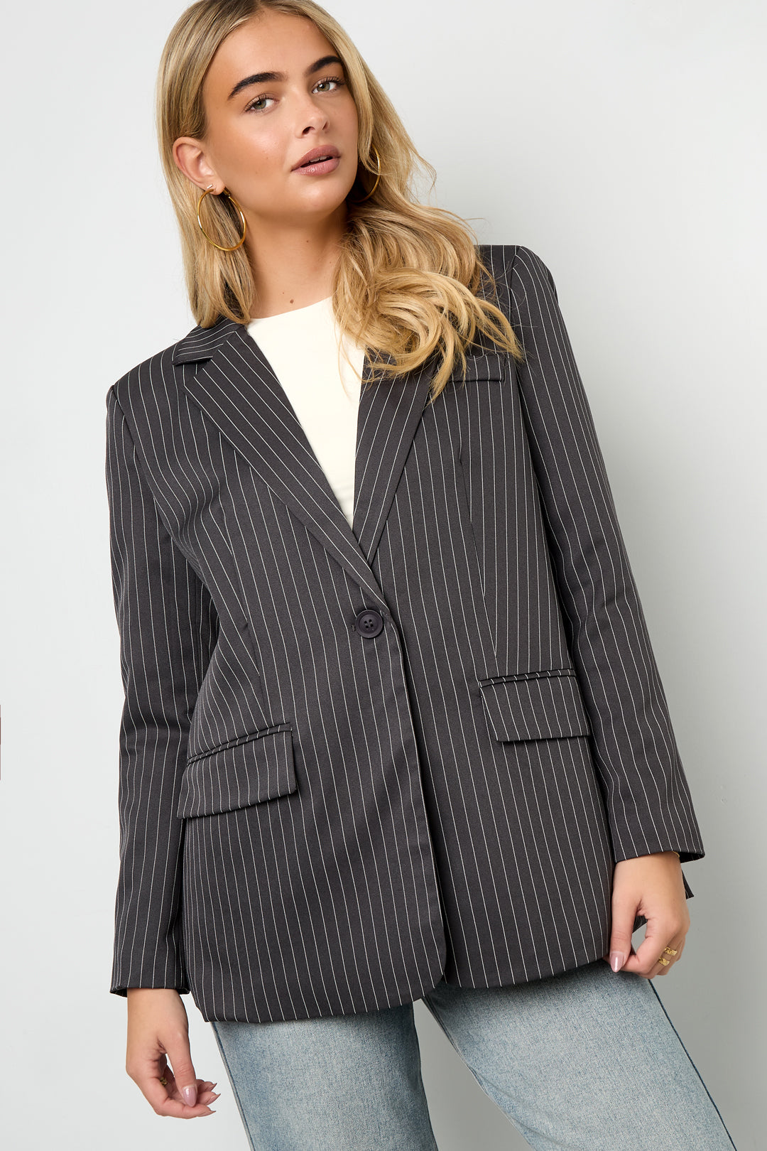 Dames asymmetrische blazer van polyester met strepen – productfoto 6