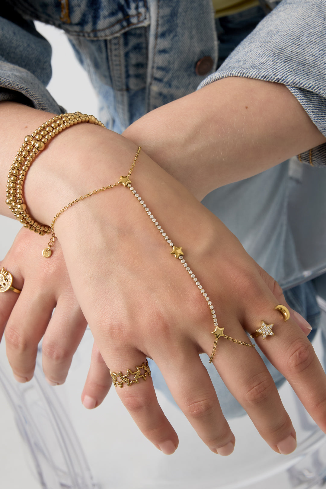 Women's Stainless Steel Hand Chain with Star Motif – Gold and Silver-Colored – image 2