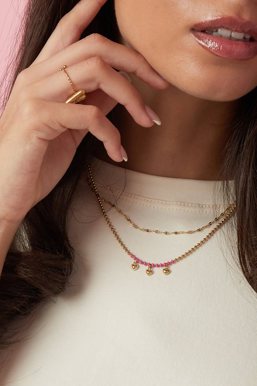 Collier pour femme à plusieurs couches en acier inoxydable avec cœur – couleur or