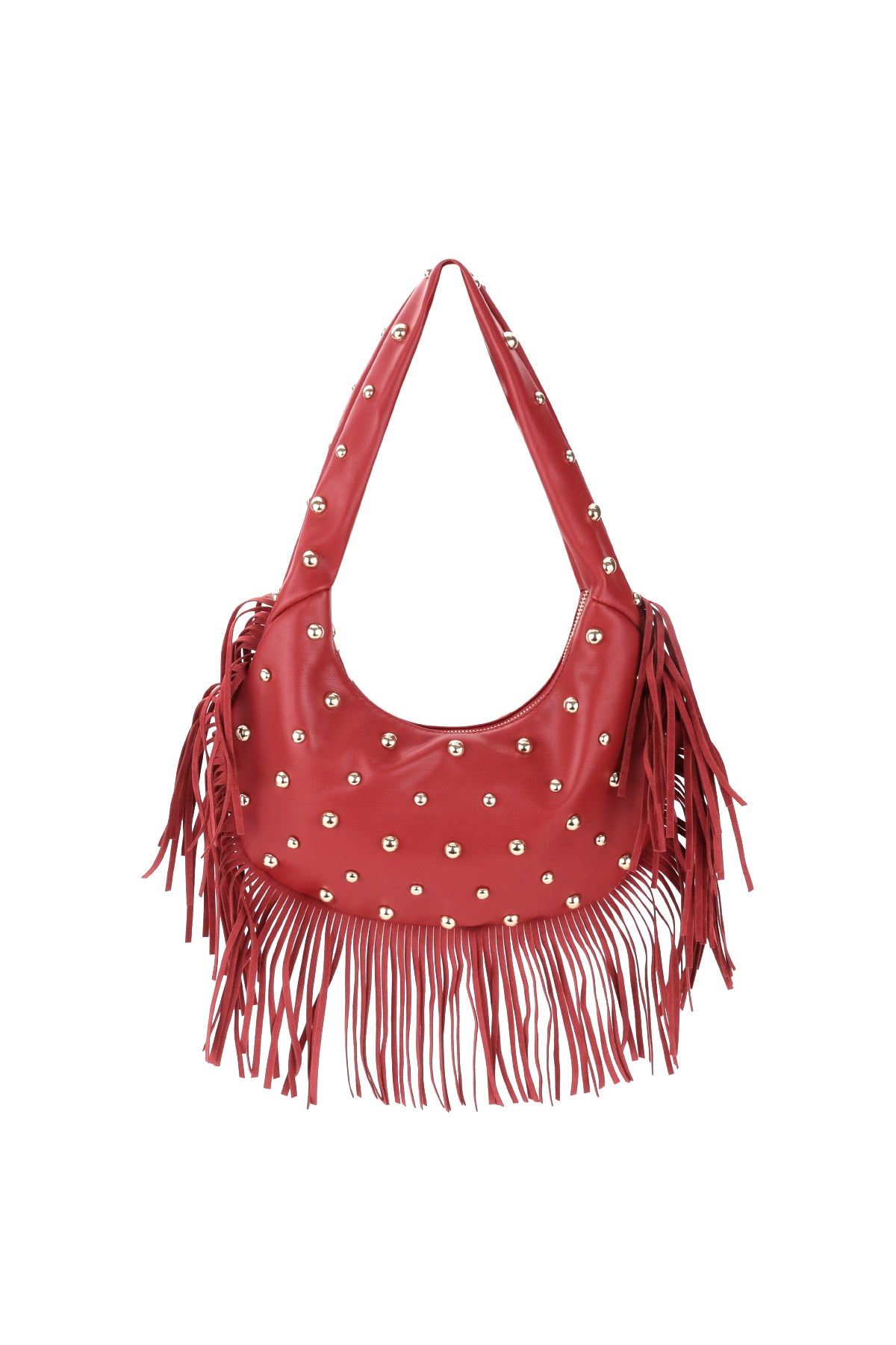 Sac à main pour femme 90% PU, 10% métal avec détails cloutés et détails pompon avec fermeture éclair