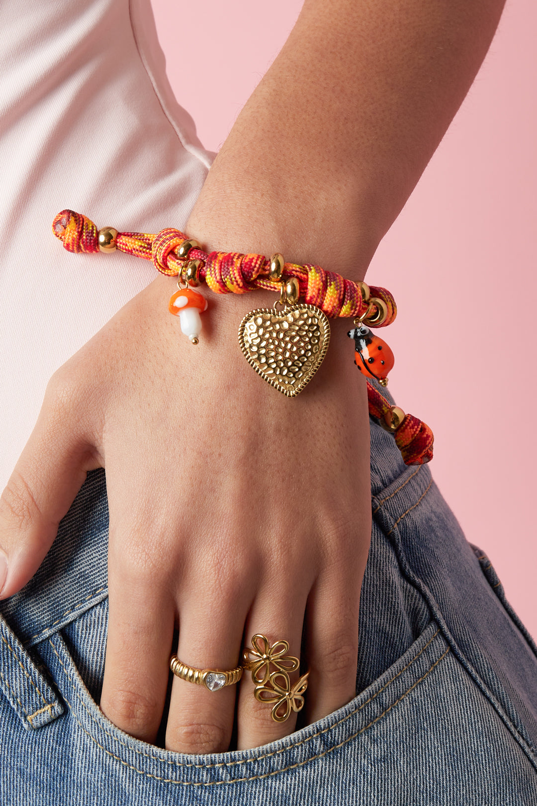 Braided women's cord bracelet with heart shape – orange – casual – image 2