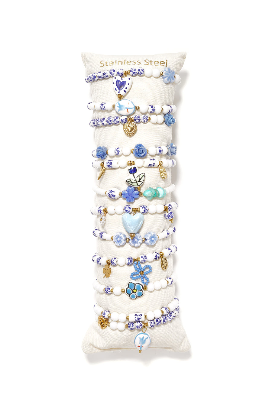 Présentoir de bracelets en céramique, acier inoxydable, verre, perle d'imitation, acrylique, pierre – bleu
