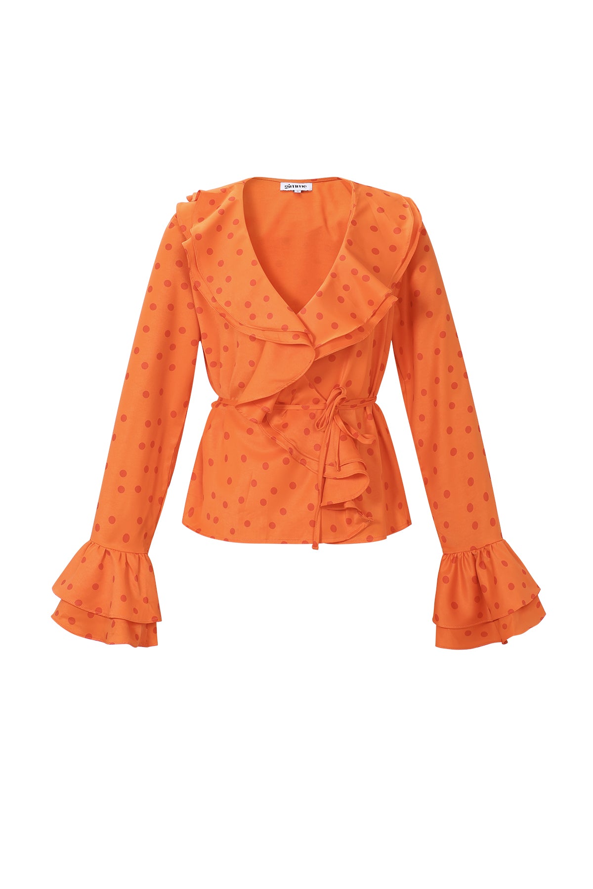 Dames oranje blouse met ruches en stippen