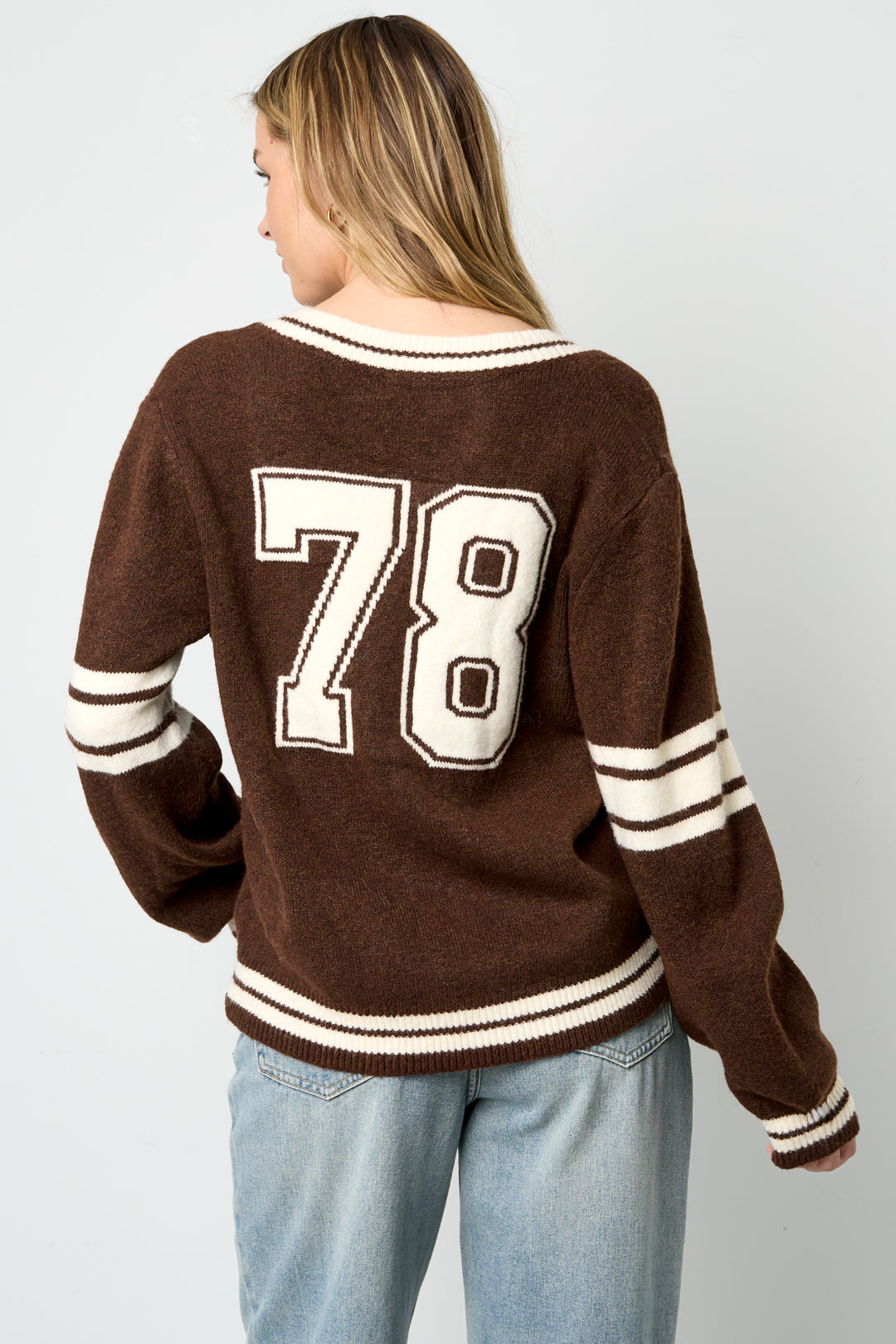Dames sportieve V-hals trui met contraststrepen – productfoto 9