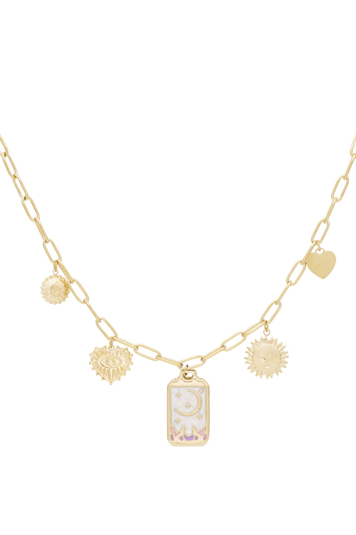 Collier femme en acier inoxydable 304, émail, strass avec motif soleil et forme de cœur