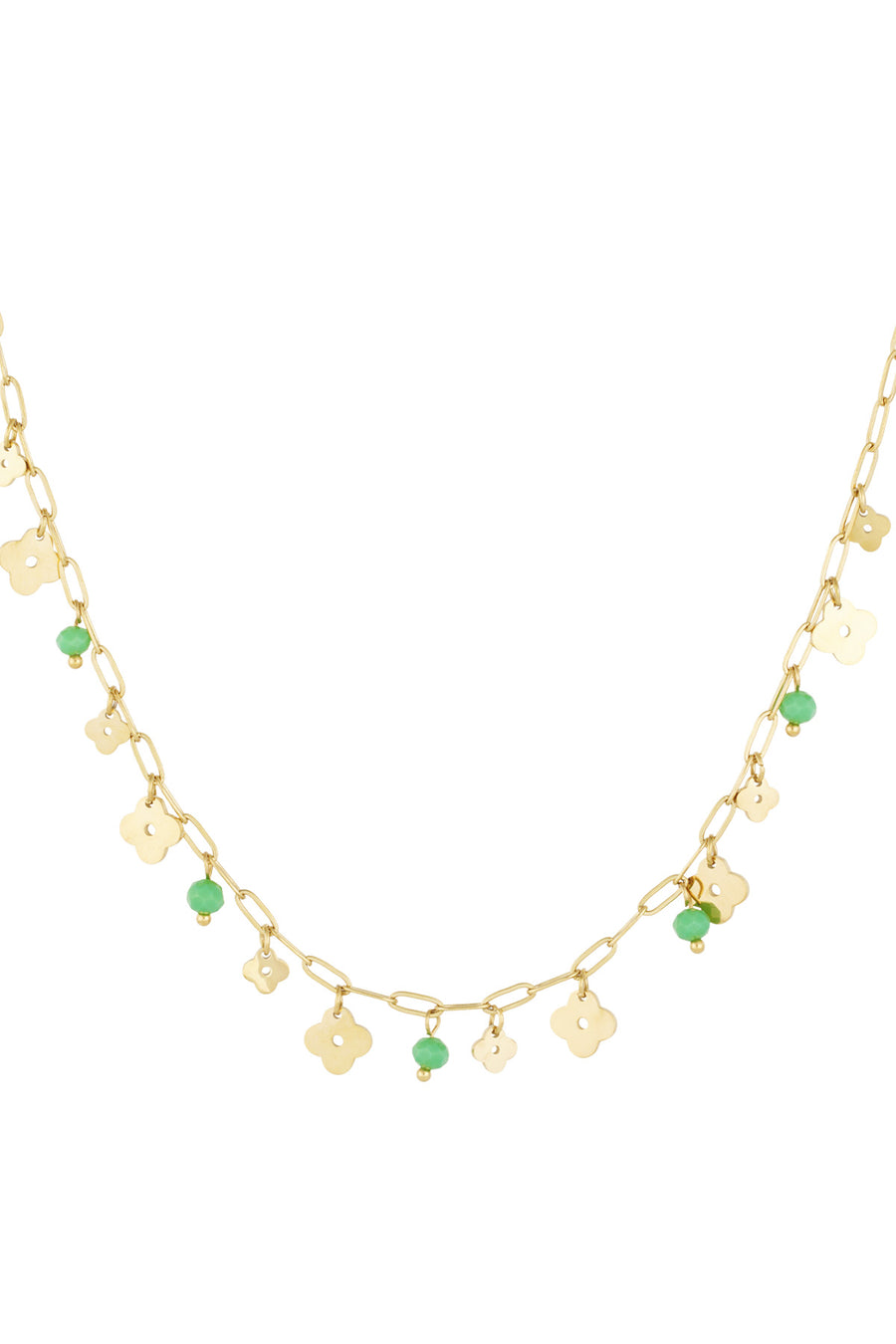 Collier pour femme avec pendentif en acier inoxydable, cristal avec motif trèfle – vert et doré