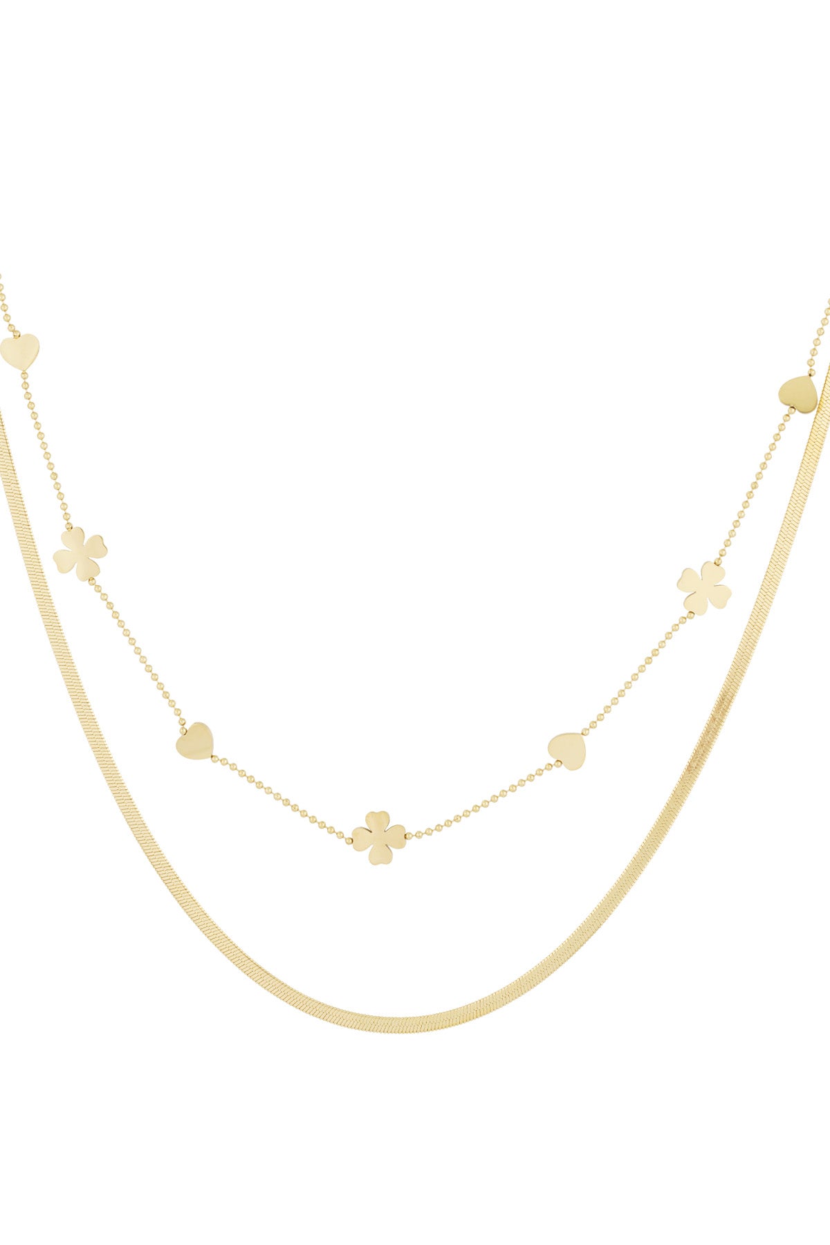 Layered stainless steel women's necklace with clover motif – gold-tone