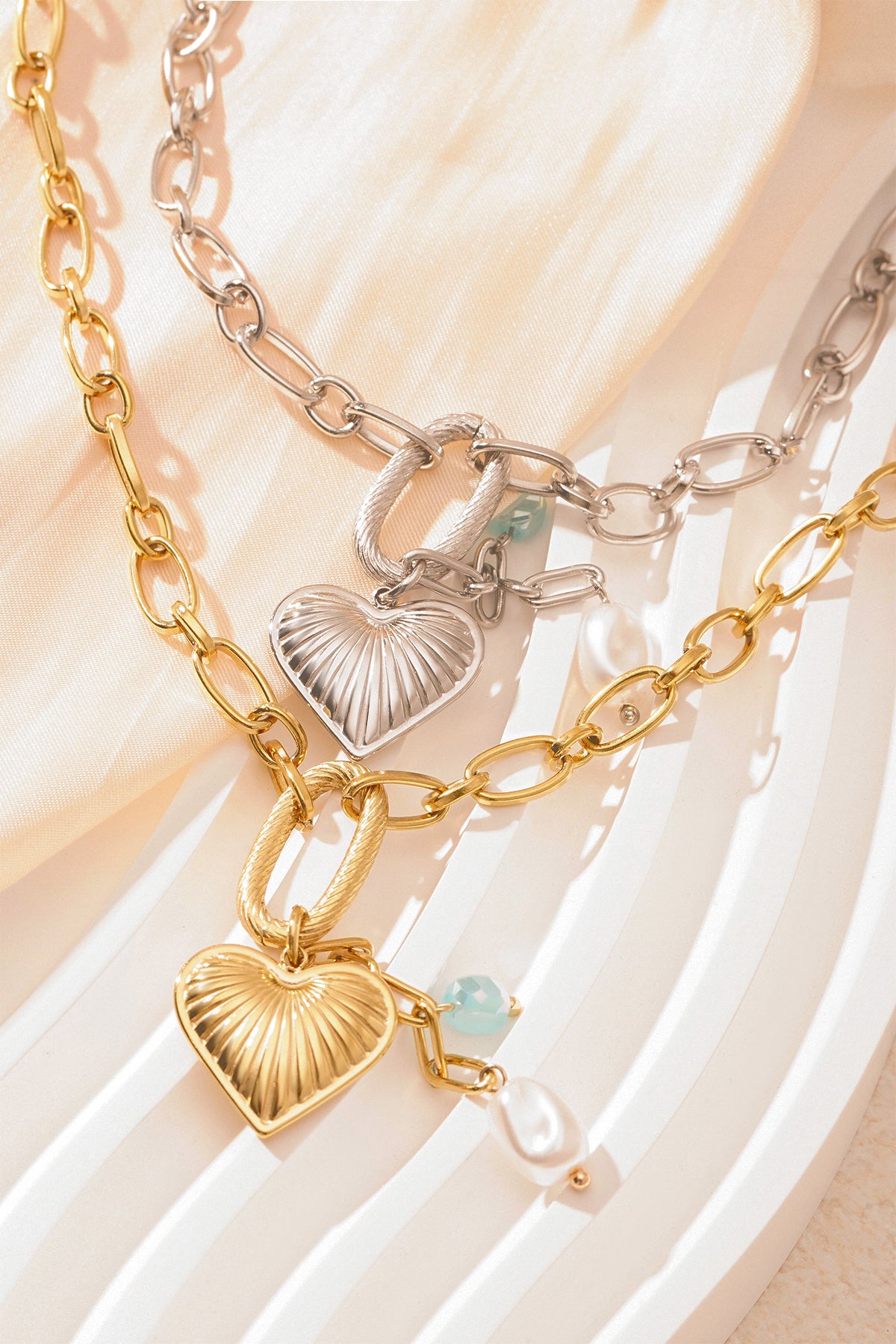 Collier femme avec pendentif en acier inoxydable 304, verre, perle d'imitation en forme de cœur – photo 5