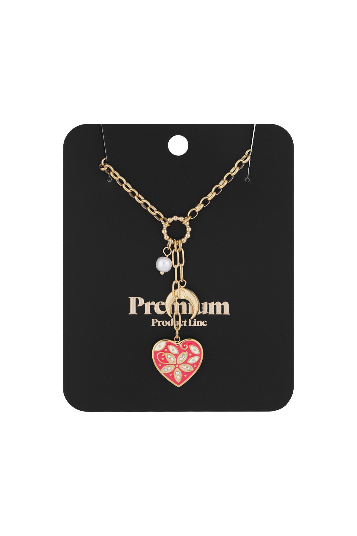 Collier pour femmes avec pendentif en acier inoxydable 304, perle d'imitation, émail, strass en forme de cœur – photo 3