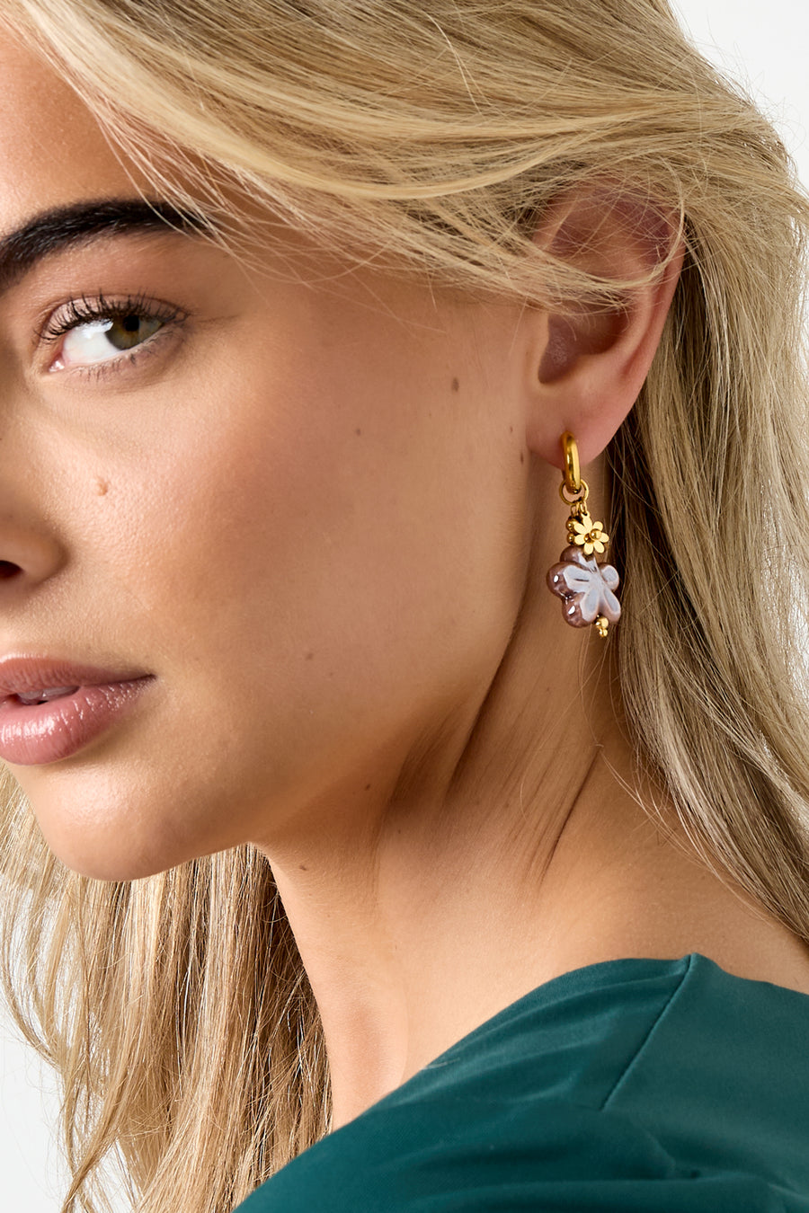 Boucles d'oreilles pendantes pour femmes en acier inoxydable, pierre, céramique à motif floral – marron et rouge