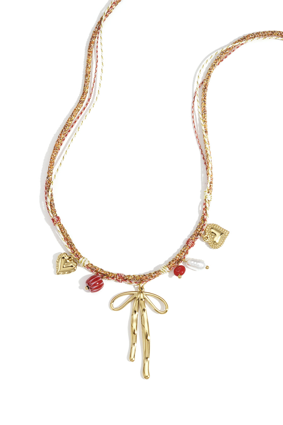 Collier pour femme avec pendentif en acier inoxydable, cordon, émail, ABS avec détail nœud et forme de cœur