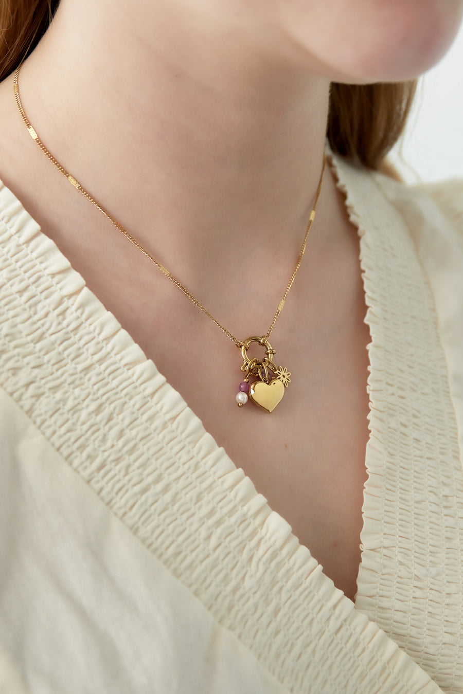 Collier femme en acier inoxydable, strass, perle d'imitation, verre avec pendentif cœur – doré