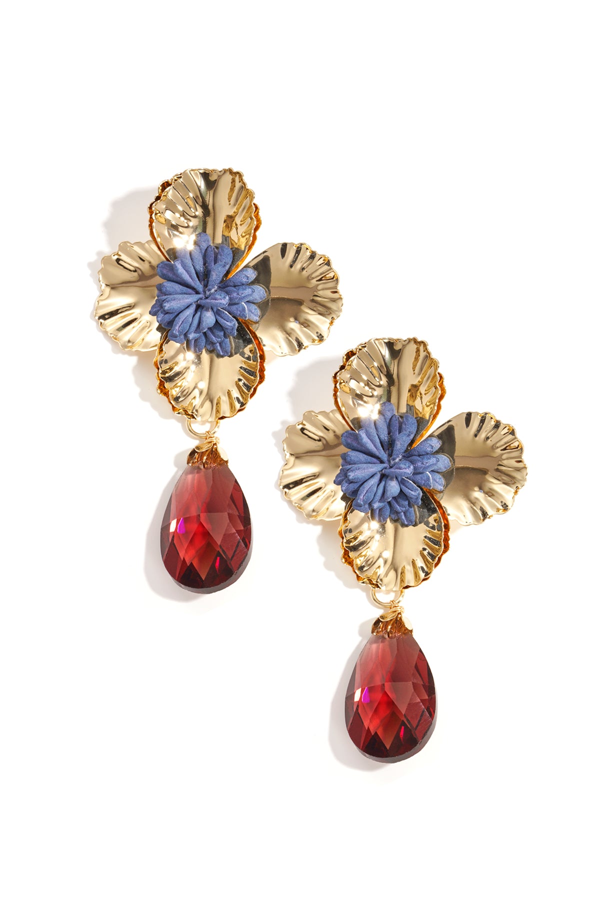 Boucles d'oreilles pendantes pour femmes en métal, résine, verre avec motif floral – bleu