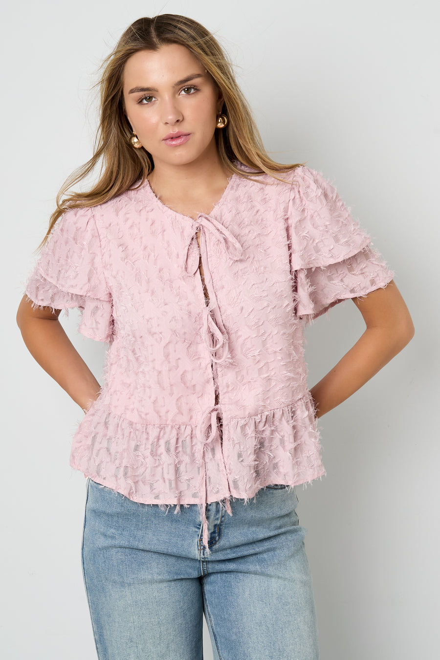 Short-sleeved top with tie detail