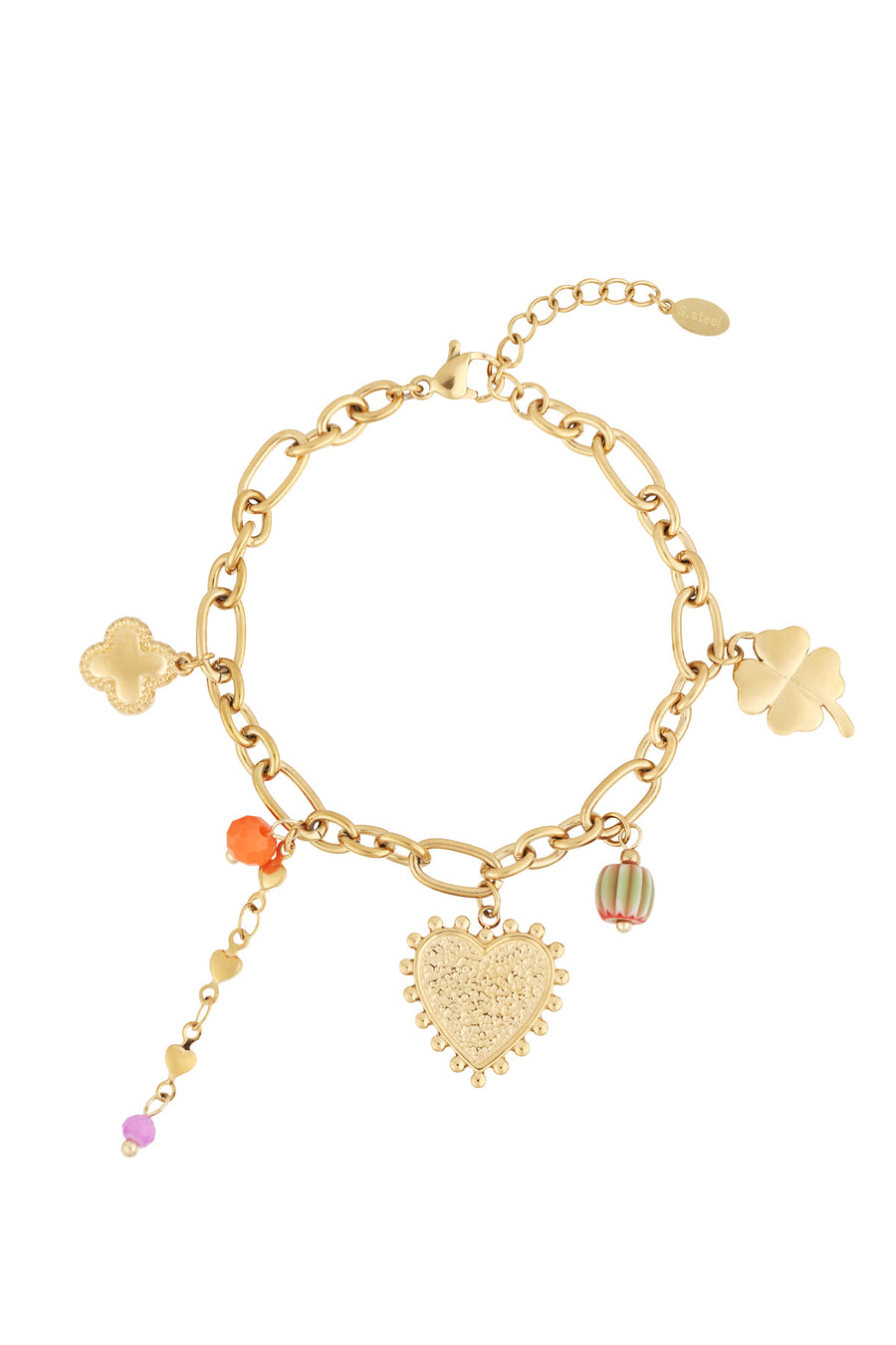 Bracelet à breloques pour femme en acier inoxydable 304, verre, acrylique, hématite avec cœur – couleur or