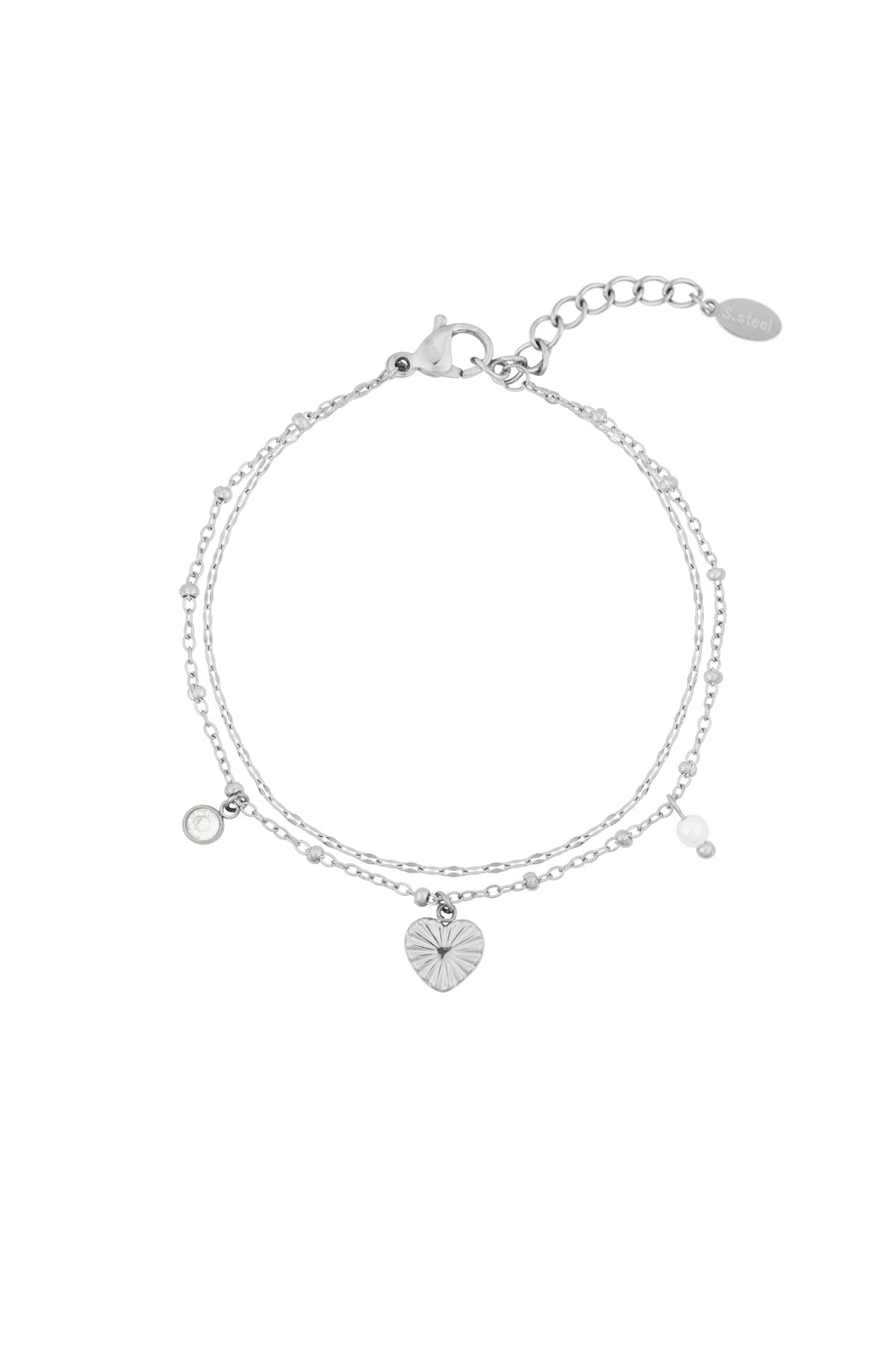Bracelet à breloques pour femmes en acier inoxydable 304, fausse perle, strass avec cœur