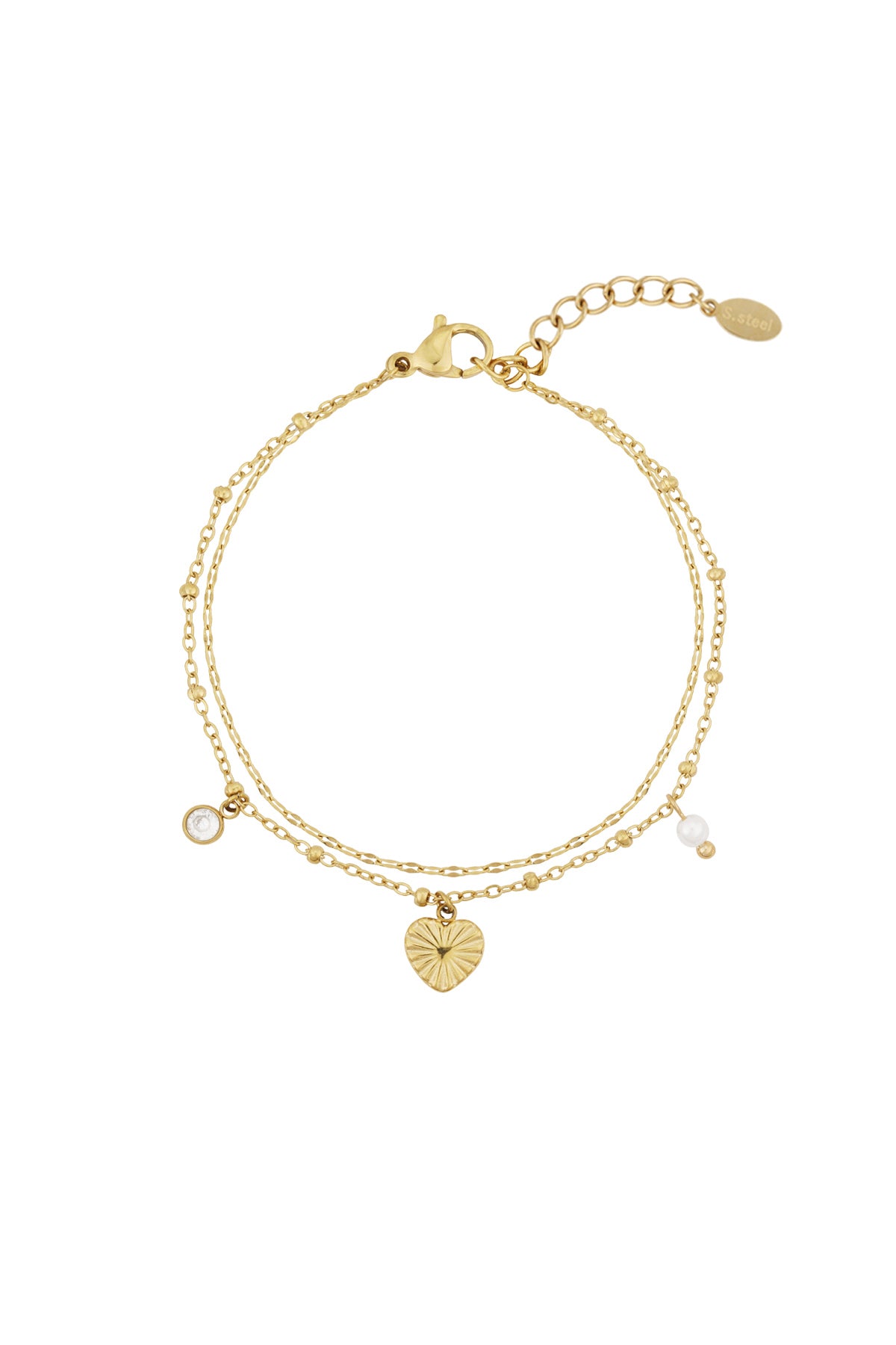 Bracelet à breloques pour femmes en acier inoxydable 304, fausse perle, strass avec cœur