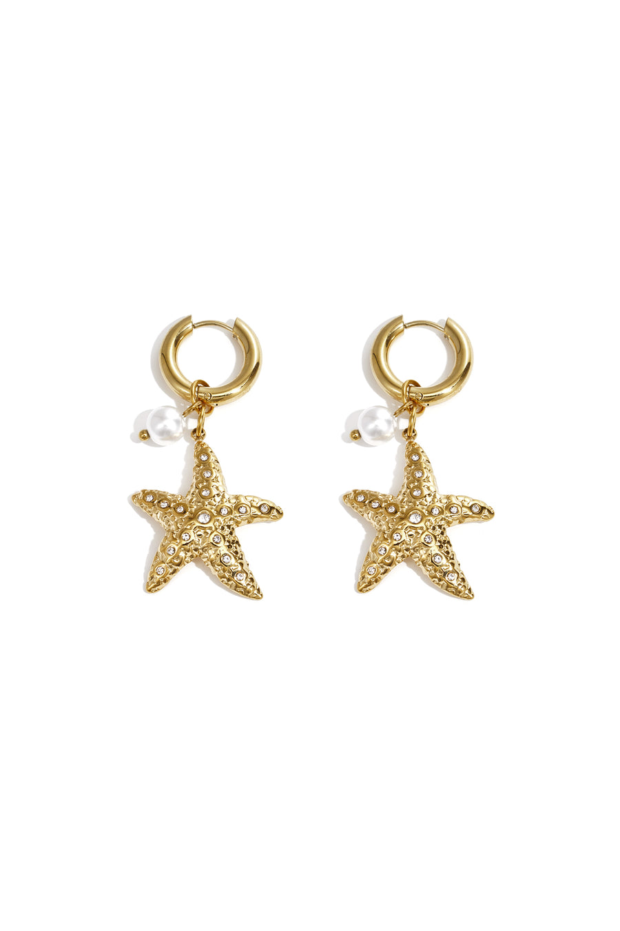 Women's dangle earrings made of stainless steel, ABS, zircon with starfish motif – gold-colored