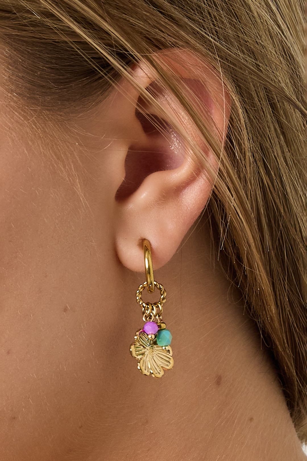 Dangle Earrings for Women, 304 Stainless Steel, Crystal, Hematite with Flower Motif - Golden – image 3