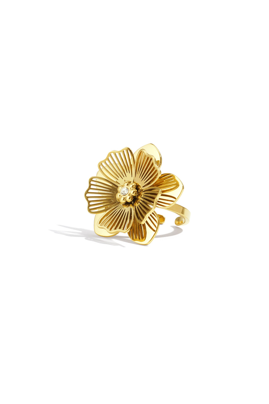 Bague tendance pour femme en acier inoxydable avec motif floral – doré
