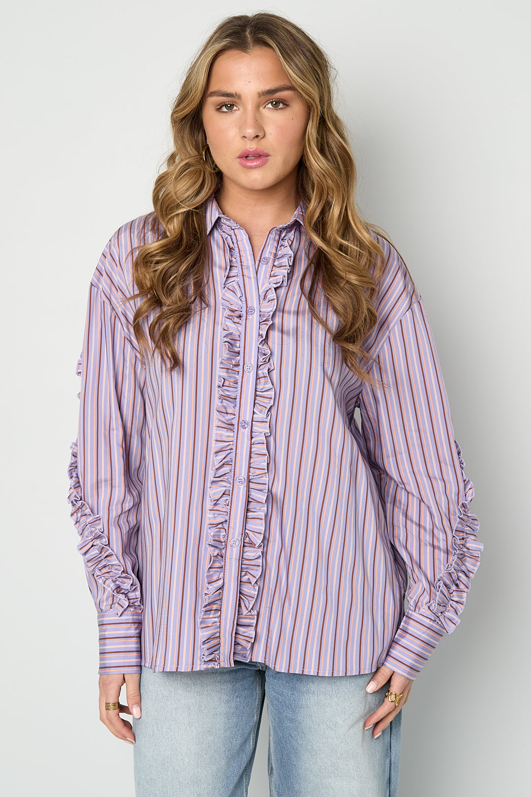Dames katoenen blouse met ruches en strepen – productfoto 3
