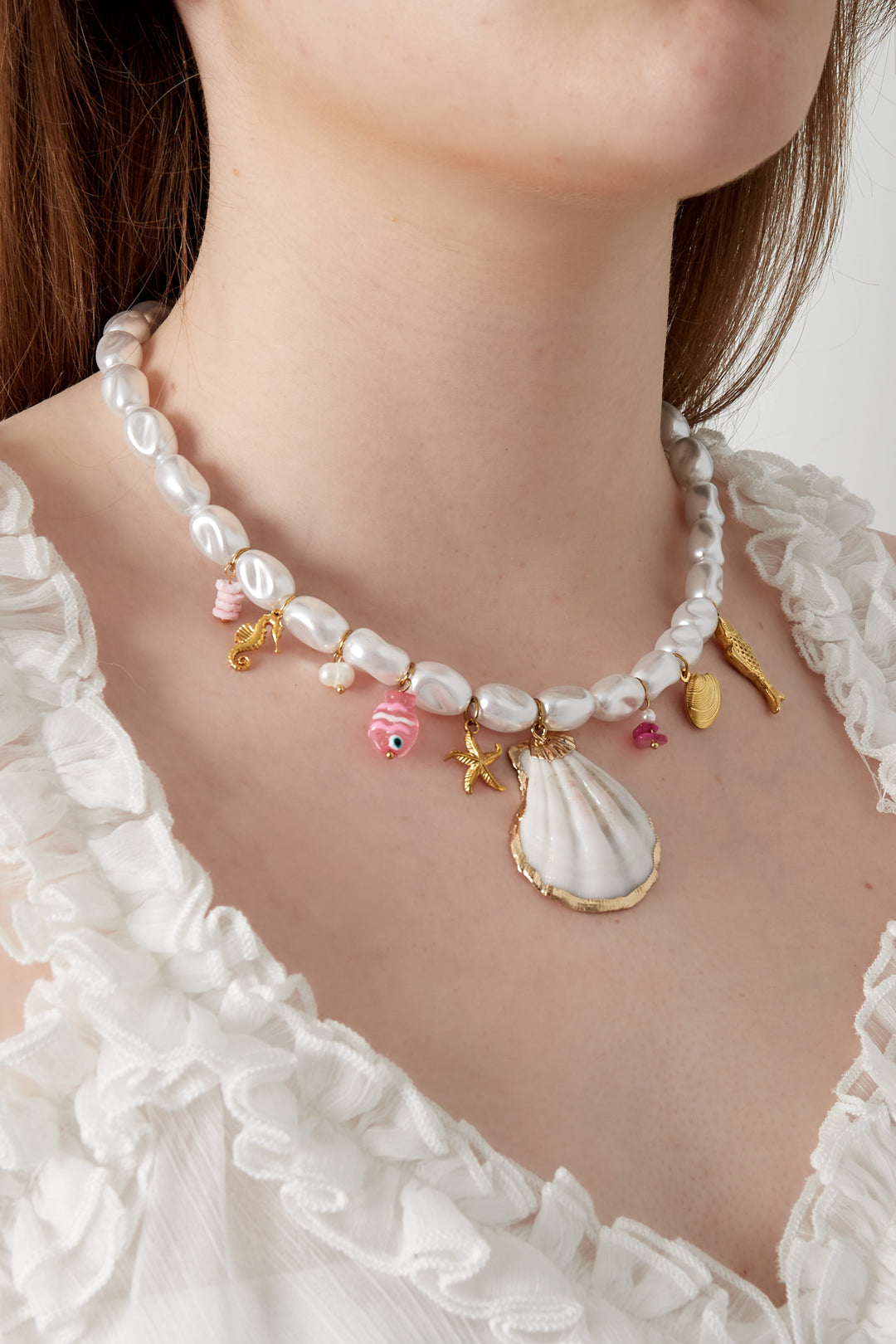 Collier pour femme en ABS, acier inoxydable, coquillage, pierre, perle d'imitation, verre – blanc – photo 2
