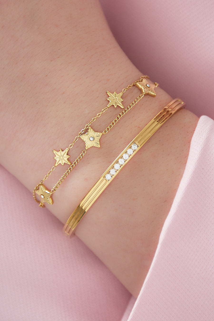 Bracelet à breloques pour femme en acier inoxydable 304 avec motif étoile – doré