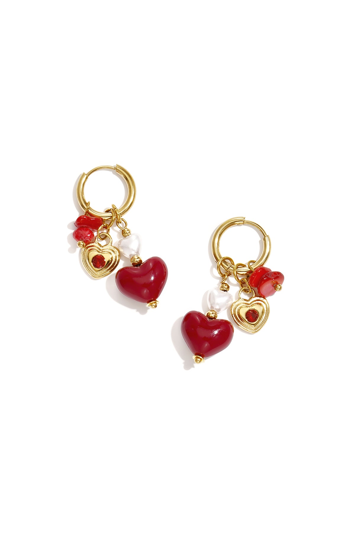 Women's bejewelled heart-shaped earrings in stainless steel, acrylic, rhinestone, ABS, stone – brown