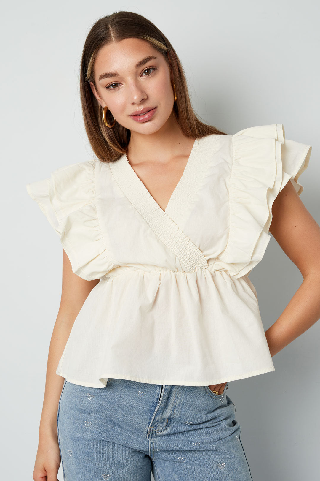 Geweven mouwloze top elegant ruches rand solide kleur lente/zomer