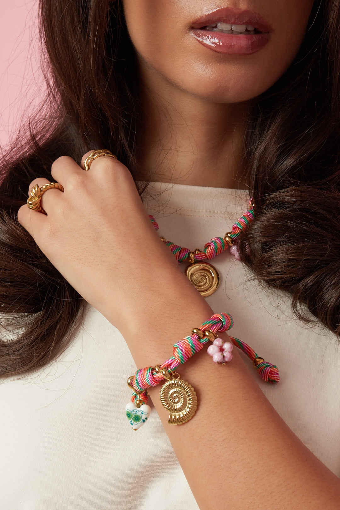 Bracelet à breloques pour femmes en acier inoxydable, cordon, céramique, émail – rose – photo 2