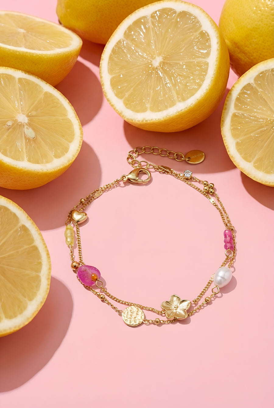 Bracelet à breloques pour femme en acier inoxydable, motif floral - doré
