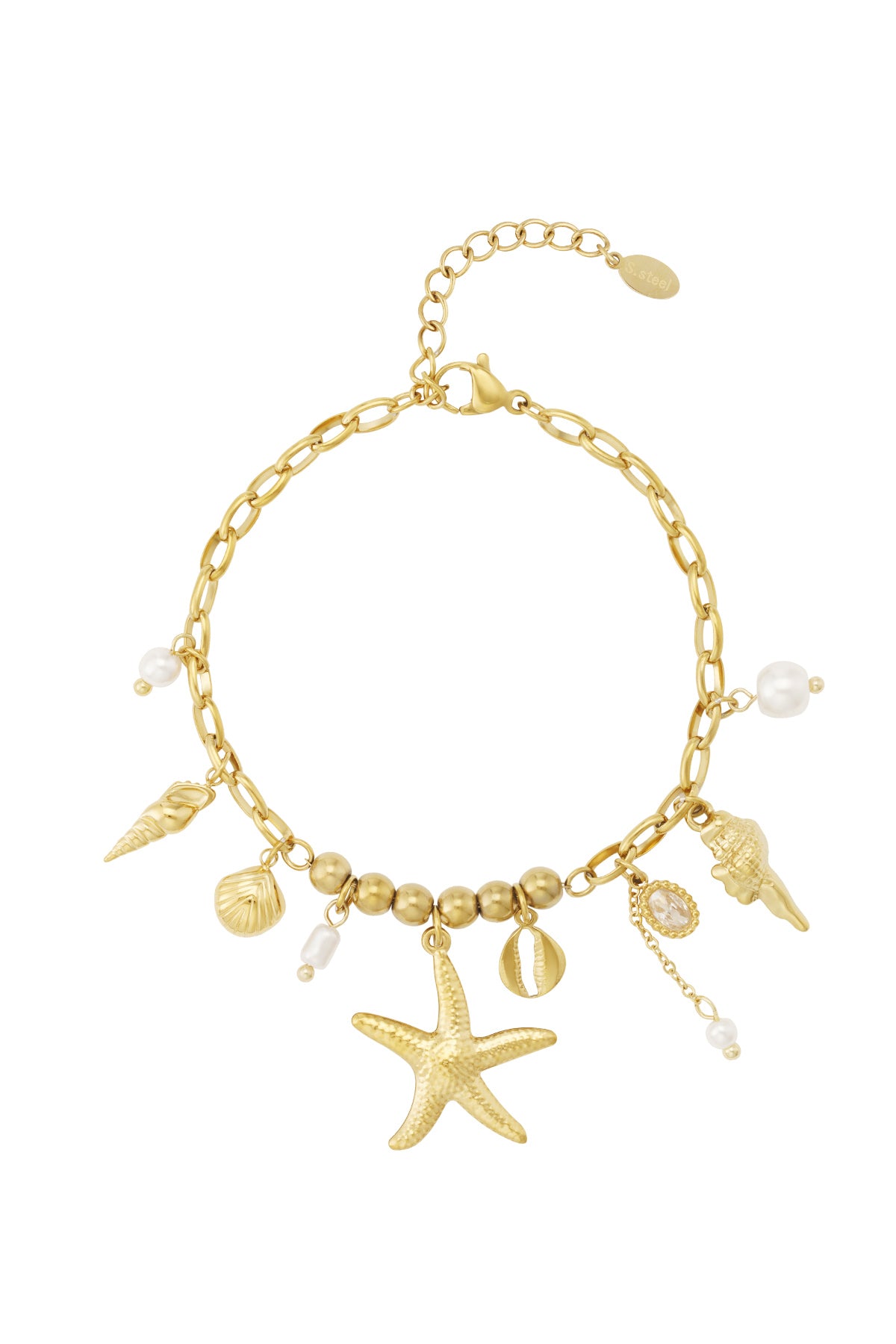 Women's Charm Bracelet, 304 Stainless Steel, Imitation Pearl, Hematite, Rhinestone with Ocean Details