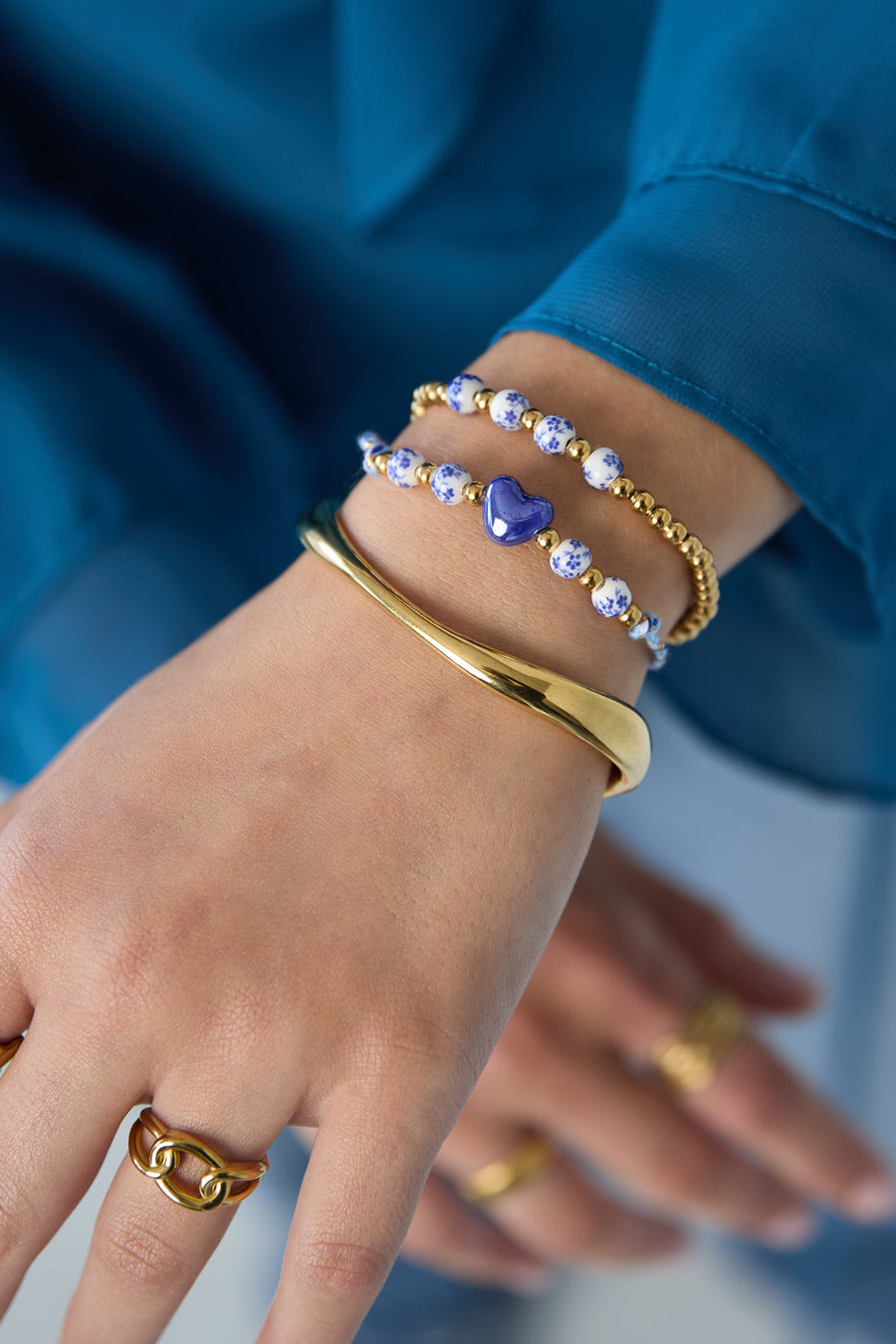 Bracelet en perles pour femme en acier inoxydable, céramique à imprimé floral – couleur or
