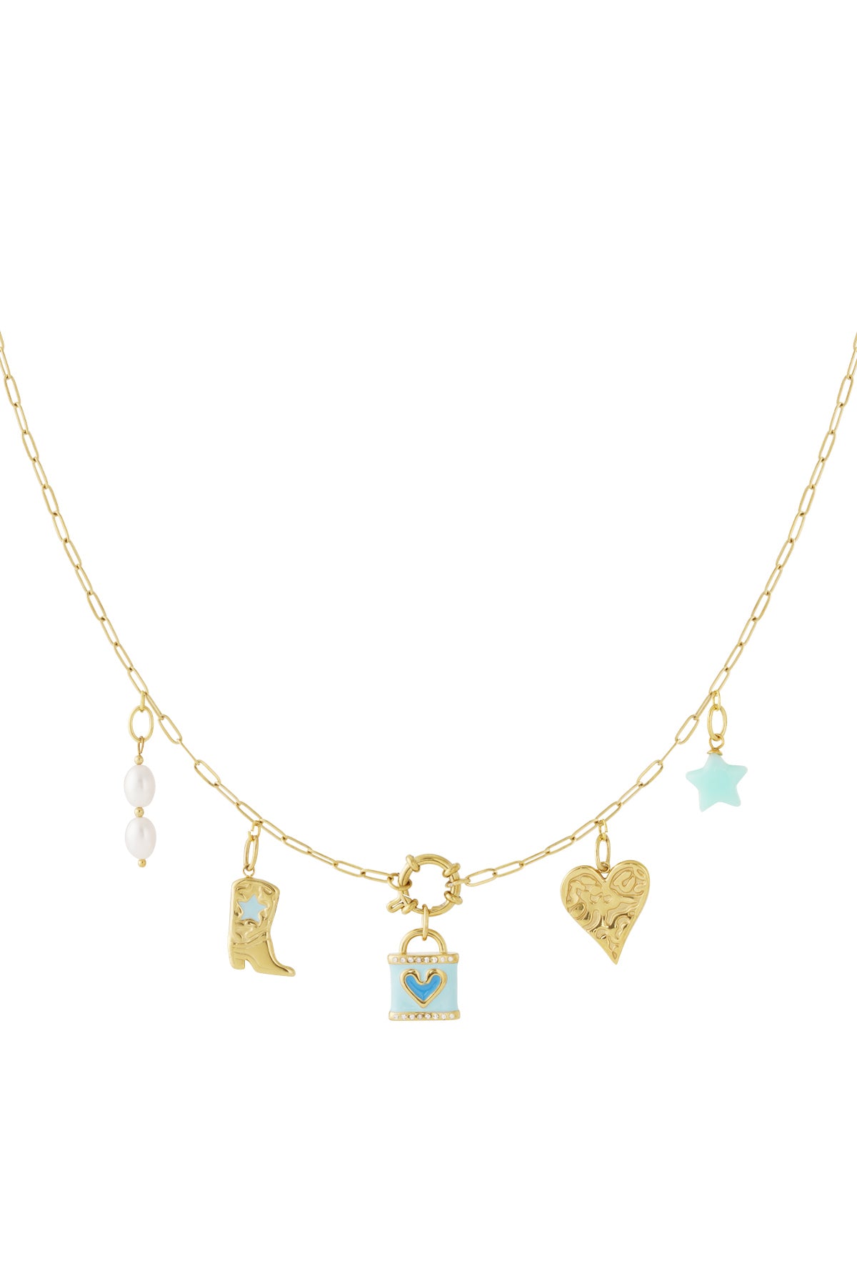 Ladies' necklace with pendant made of stainless steel, imitation pearl, enamel, resin, rhinestone with heart shape – image 3