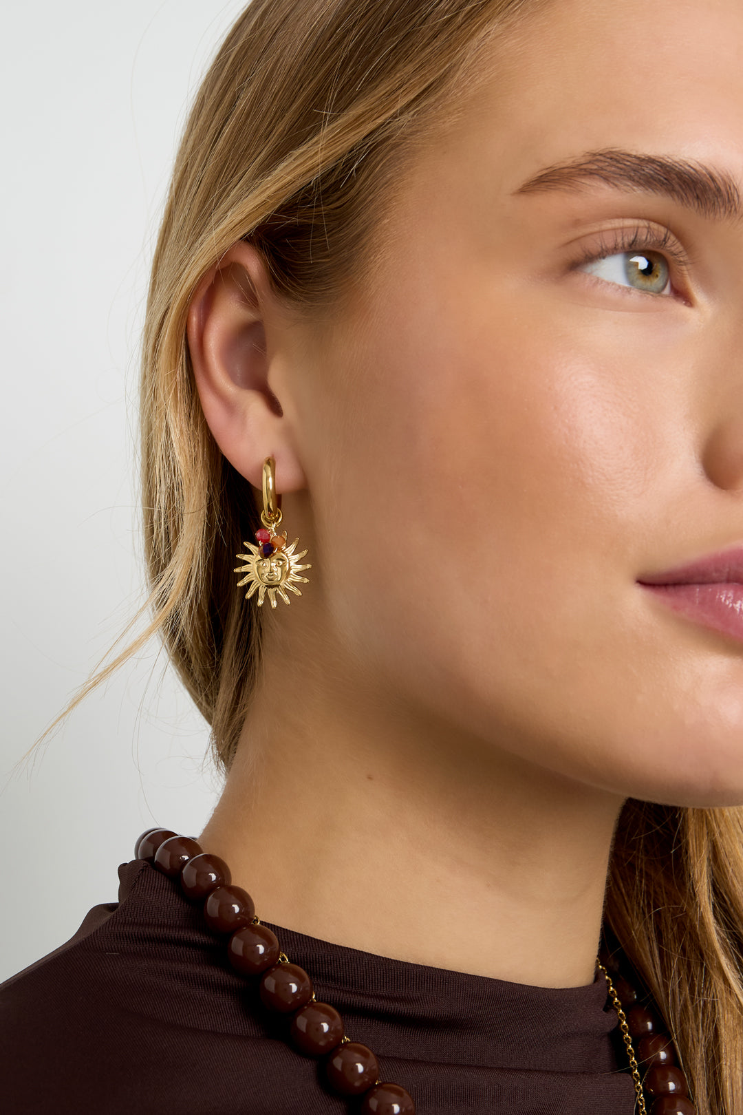 Women's Dangle Earrings 304 Stainless Steel Sun Motif - Coffee Brown and Gold Tone – image 2
