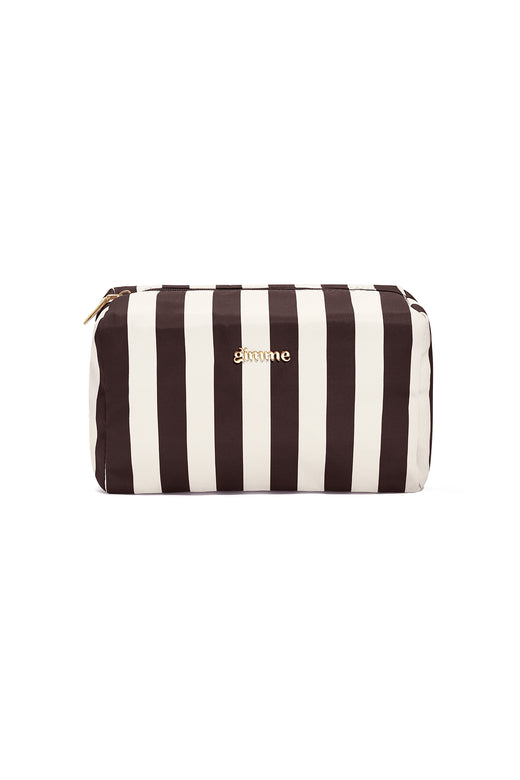 Trousse de maquillage 100 % polyester à rayures – marron et rose – minimaliste