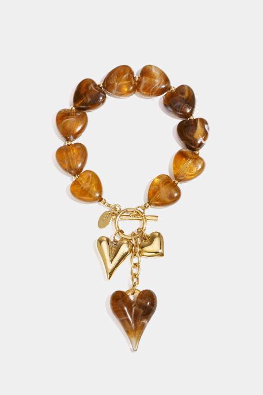 Bracelet en perles d'acrylique pour femmes en forme de cœur – orange et marron