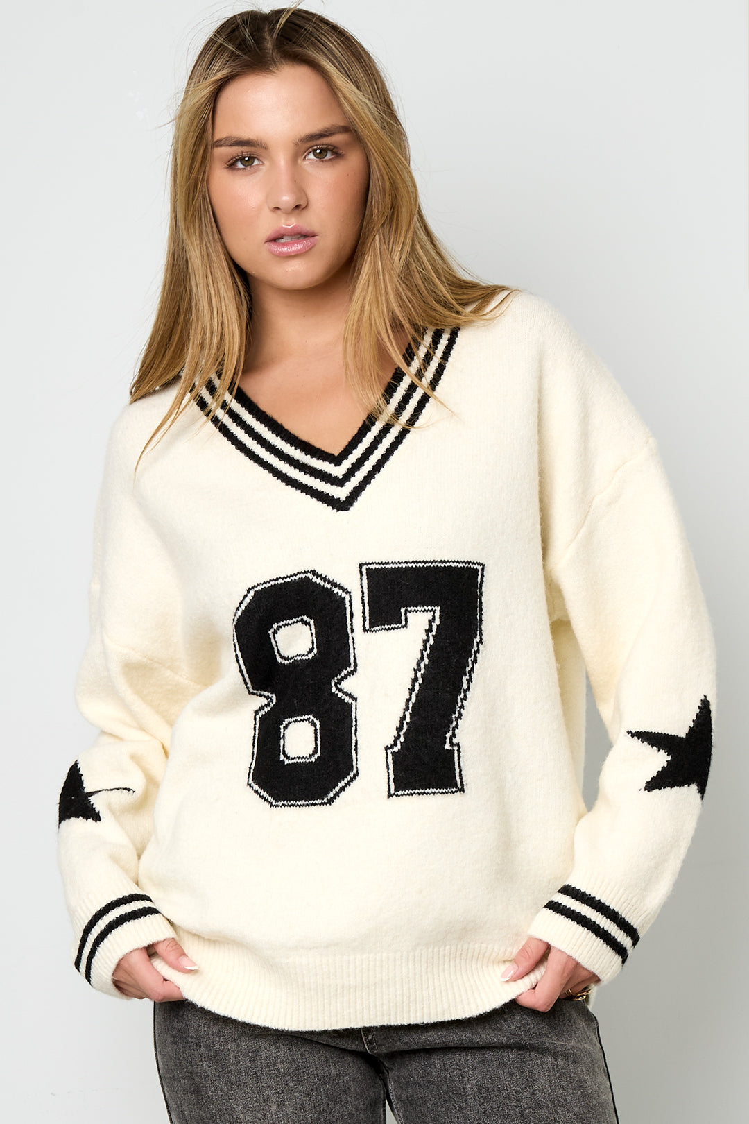 Dames 87 gebreide trui met kleurcontrast – productfoto 9