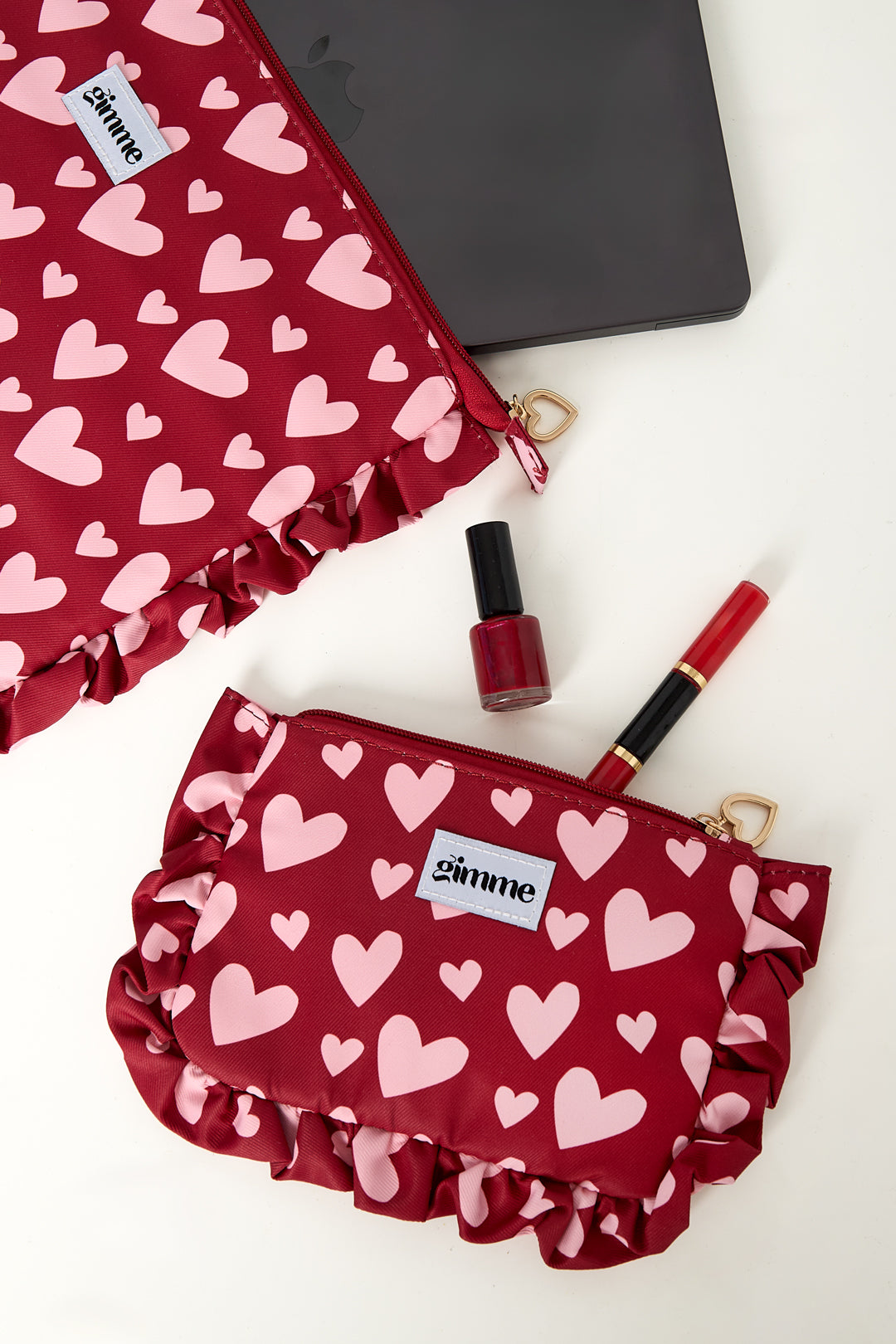 Make-uptasje van polyester met hart in rood of bruin – productfoto 2