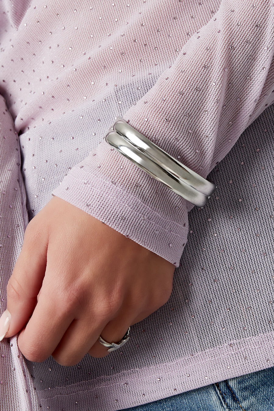 Bracelet jonc femme en acier inoxydable, motif lignes – couleur or et argent