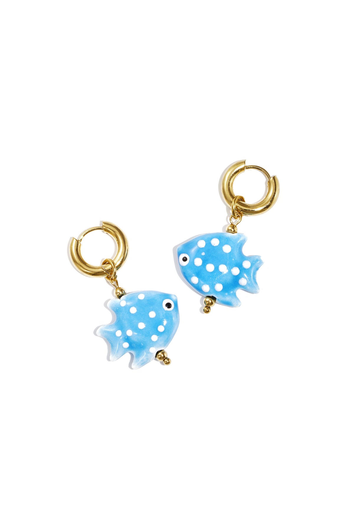 Boucles d'oreilles pendantes perlées pour femmes en acier inoxydable et céramique motif poisson – rose et bleu clair