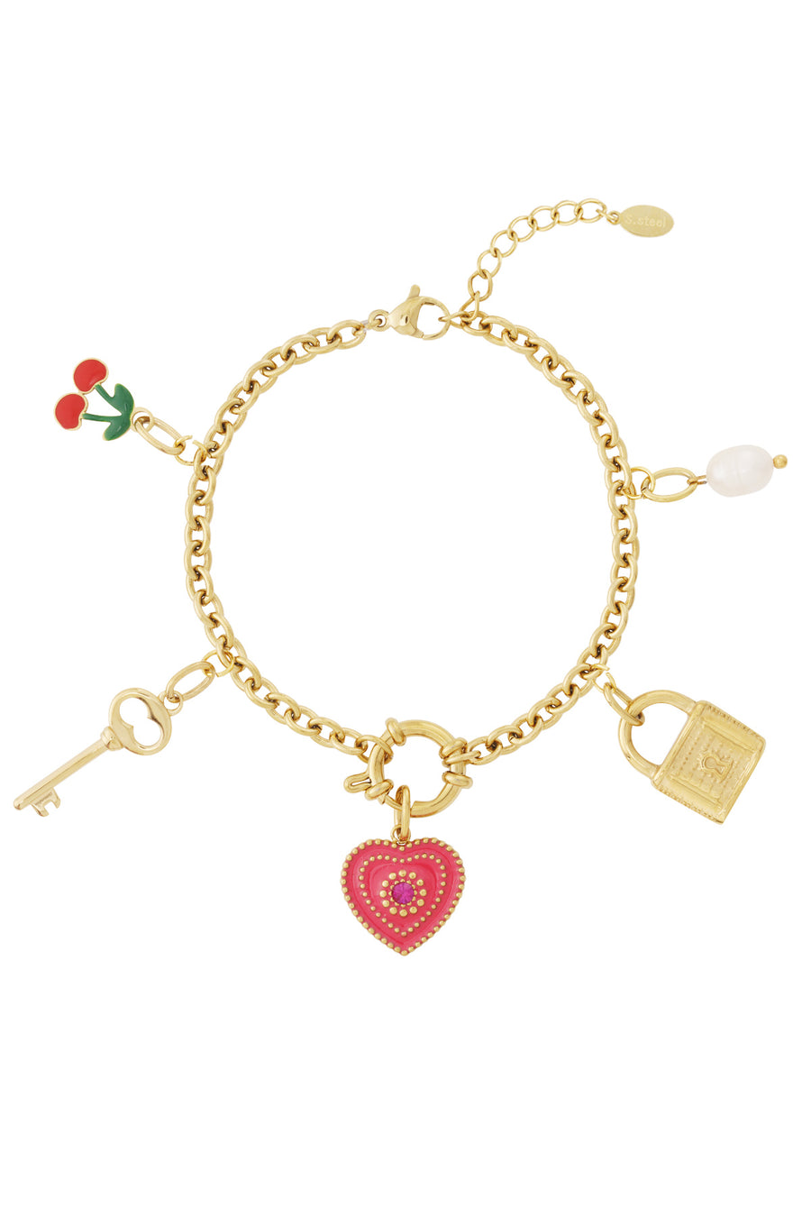 Bracelet à breloques pour femmes en acier inoxydable, émail, perle d'imitation avec cœur et motif fruits