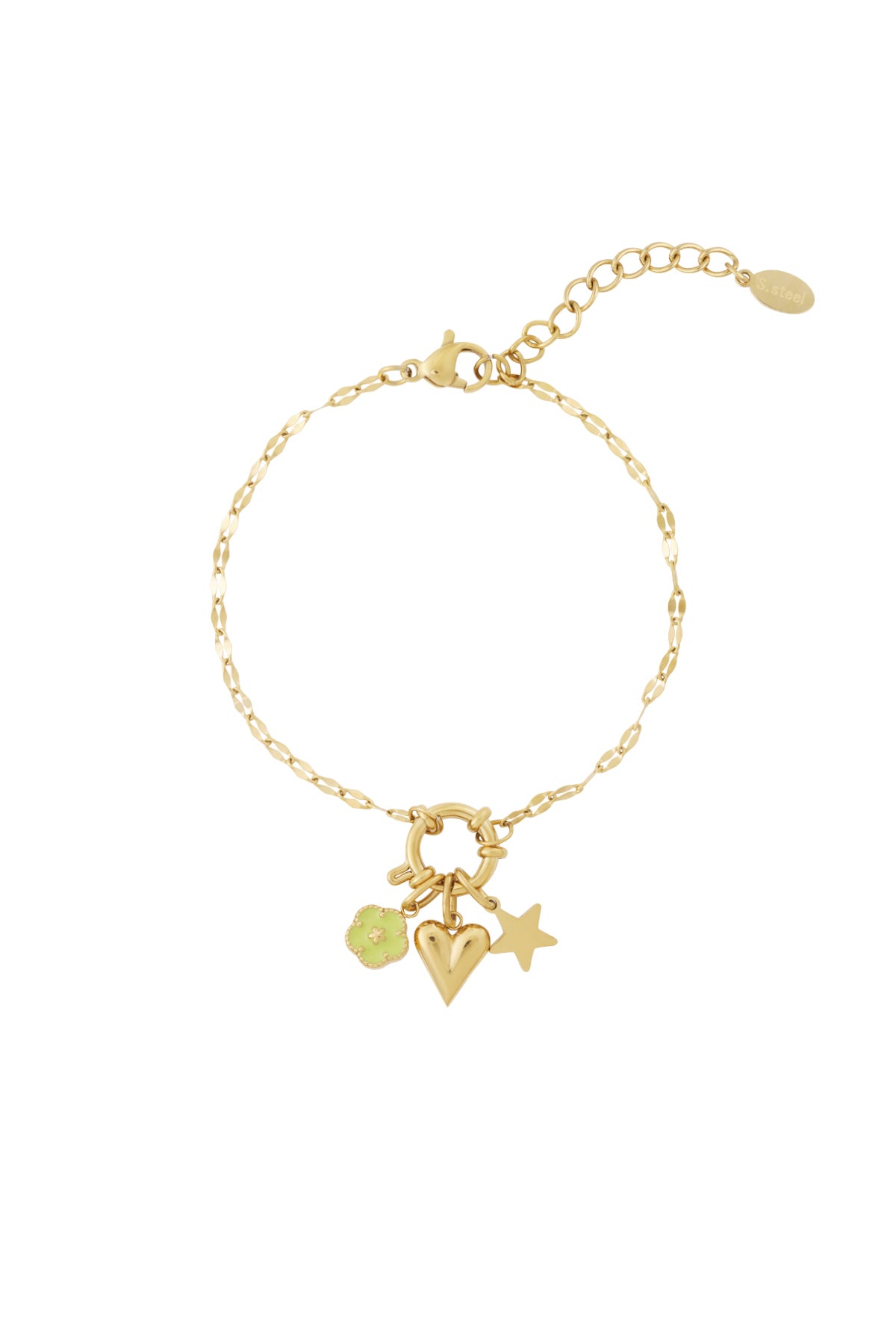 Women's stainless steel, enamel, rhinestone charm bracelet with floral design - gold colored – image 2