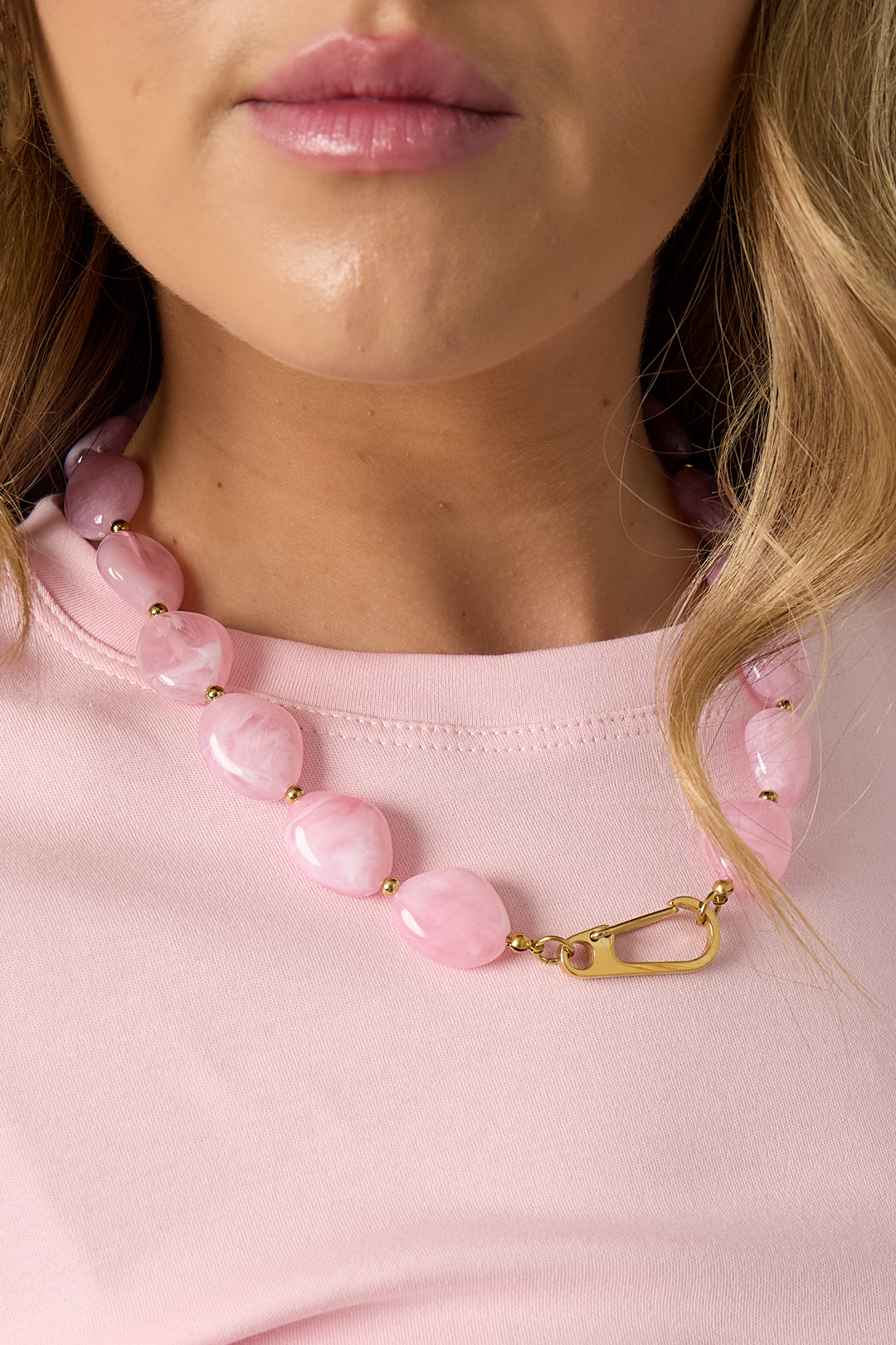 Stainless Steel Beaded Necklace for Women – Pink and Light Blue – image 3