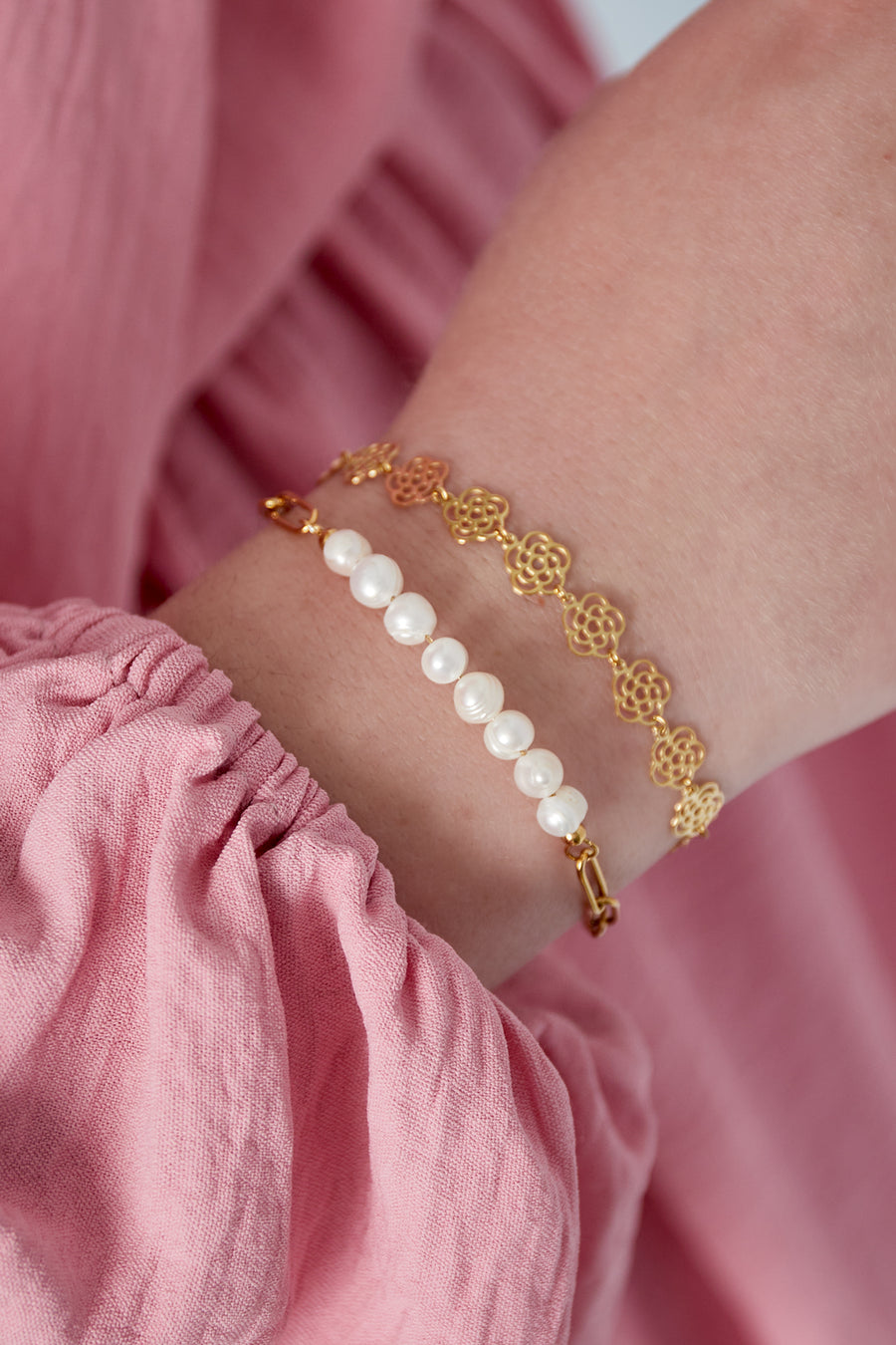 Bracelet à maillons pour femme en acier inoxydable avec perles – or et argent