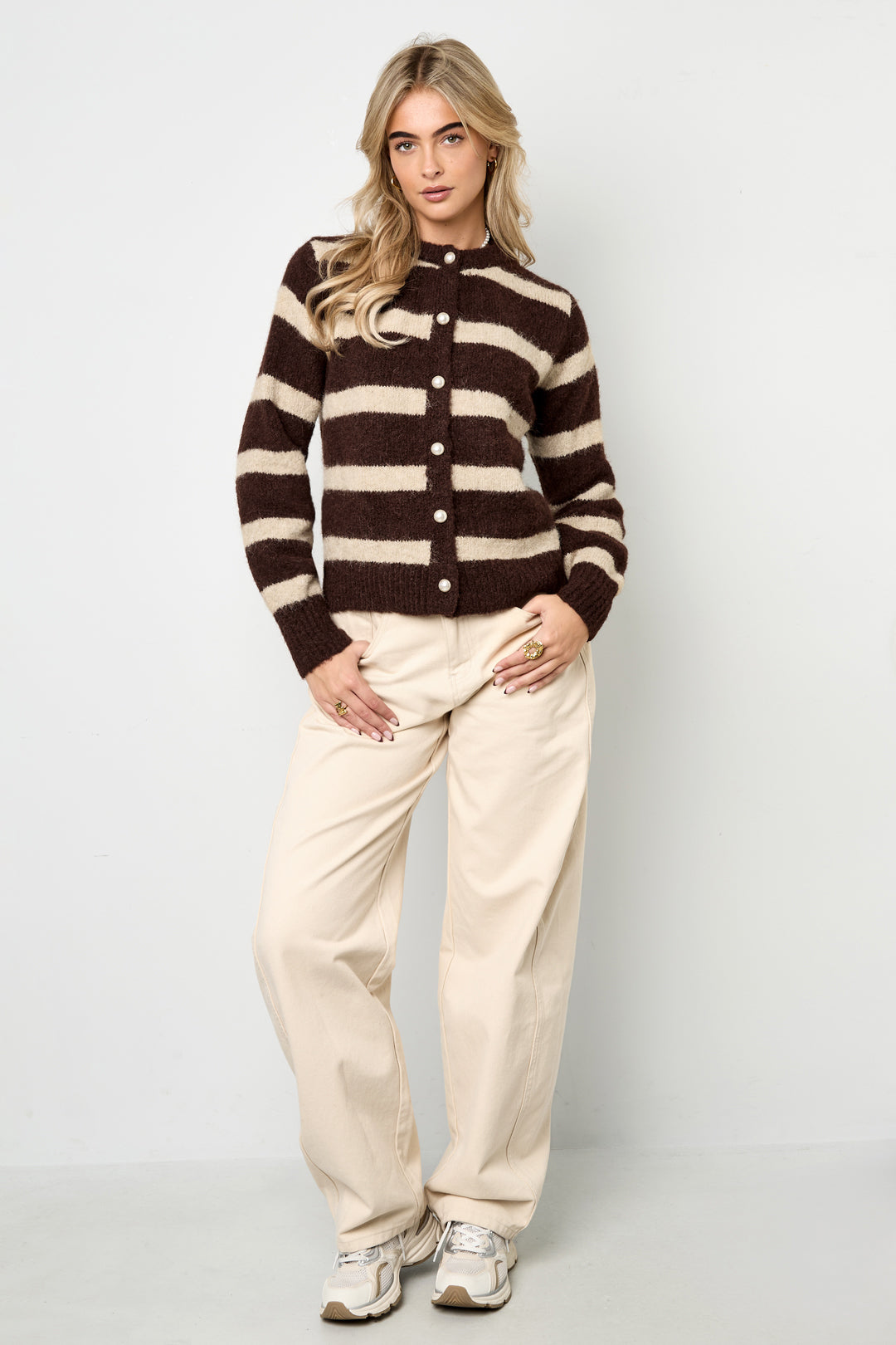 Dames gestreepte cardigan van gebreid polyester – productfoto 3