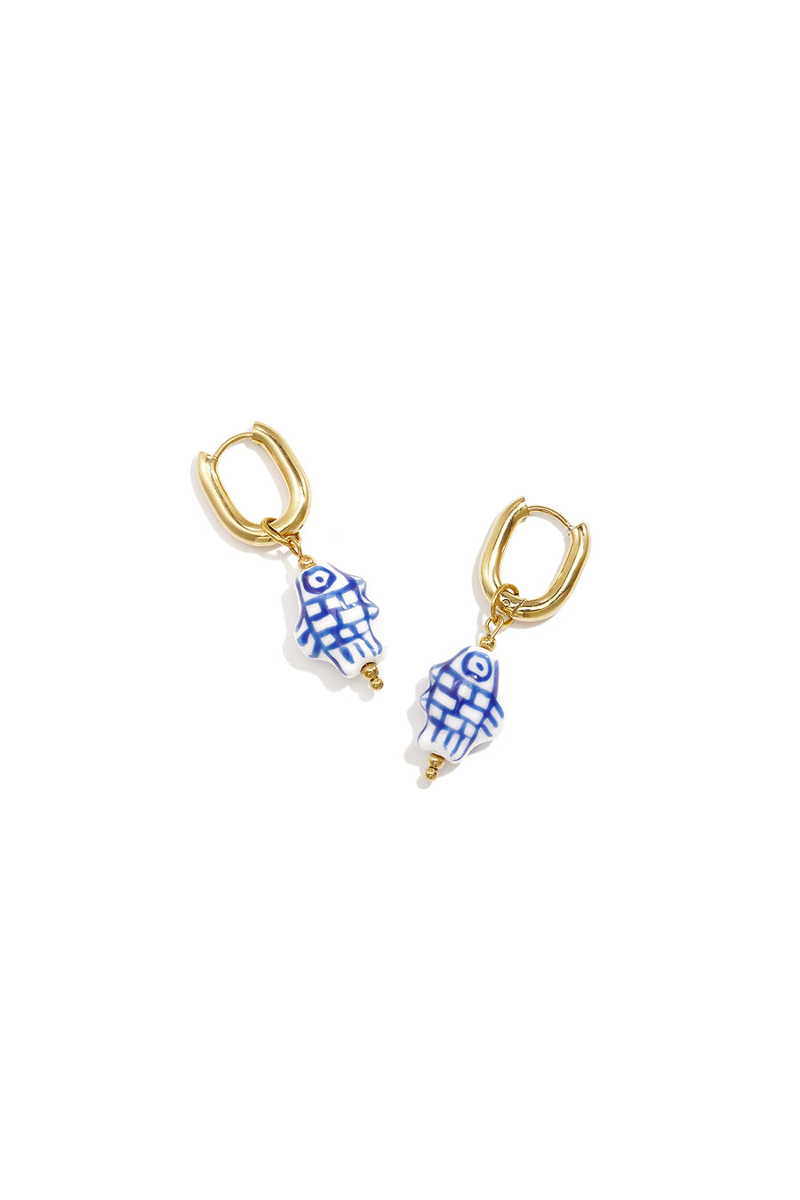 Women's stainless steel bead earrings, ceramic with fish motif - gold-colored