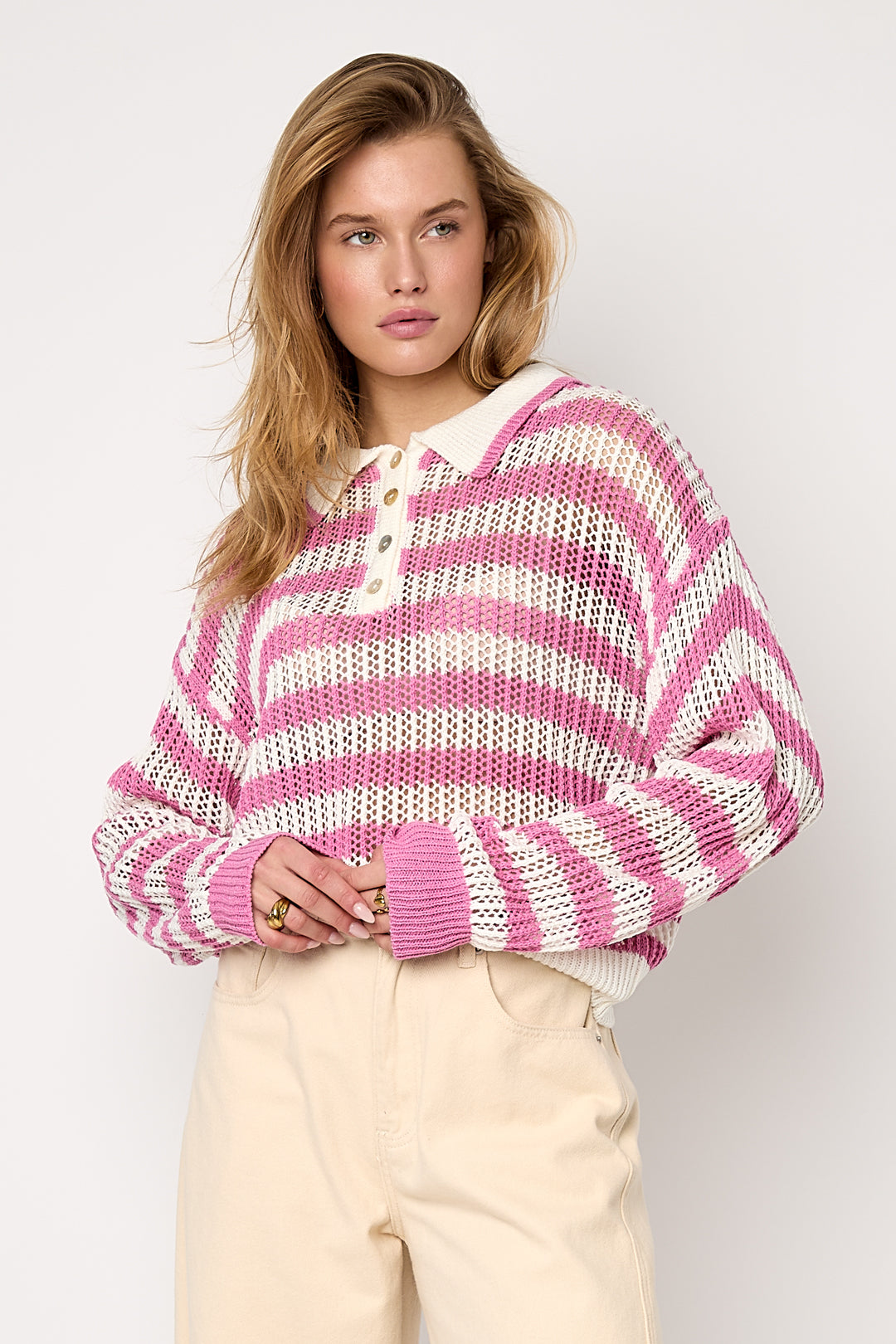 Dames gebreide polo top van polyester met strepen – productfoto 6