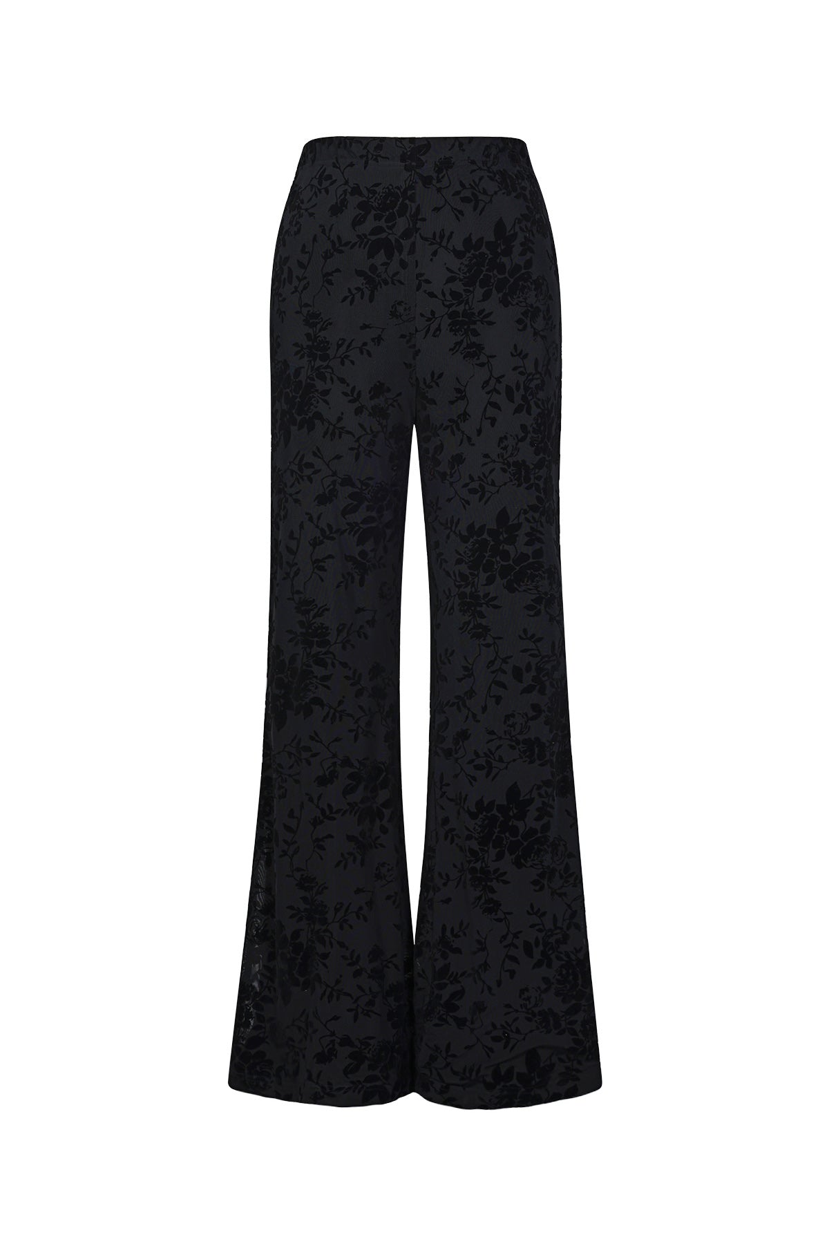 Dames zwarte mesh broek met suède bloemenprint