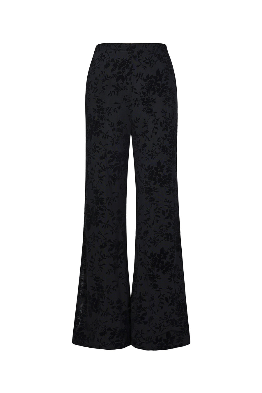 Dames zwarte mesh broek met suède bloemenprint